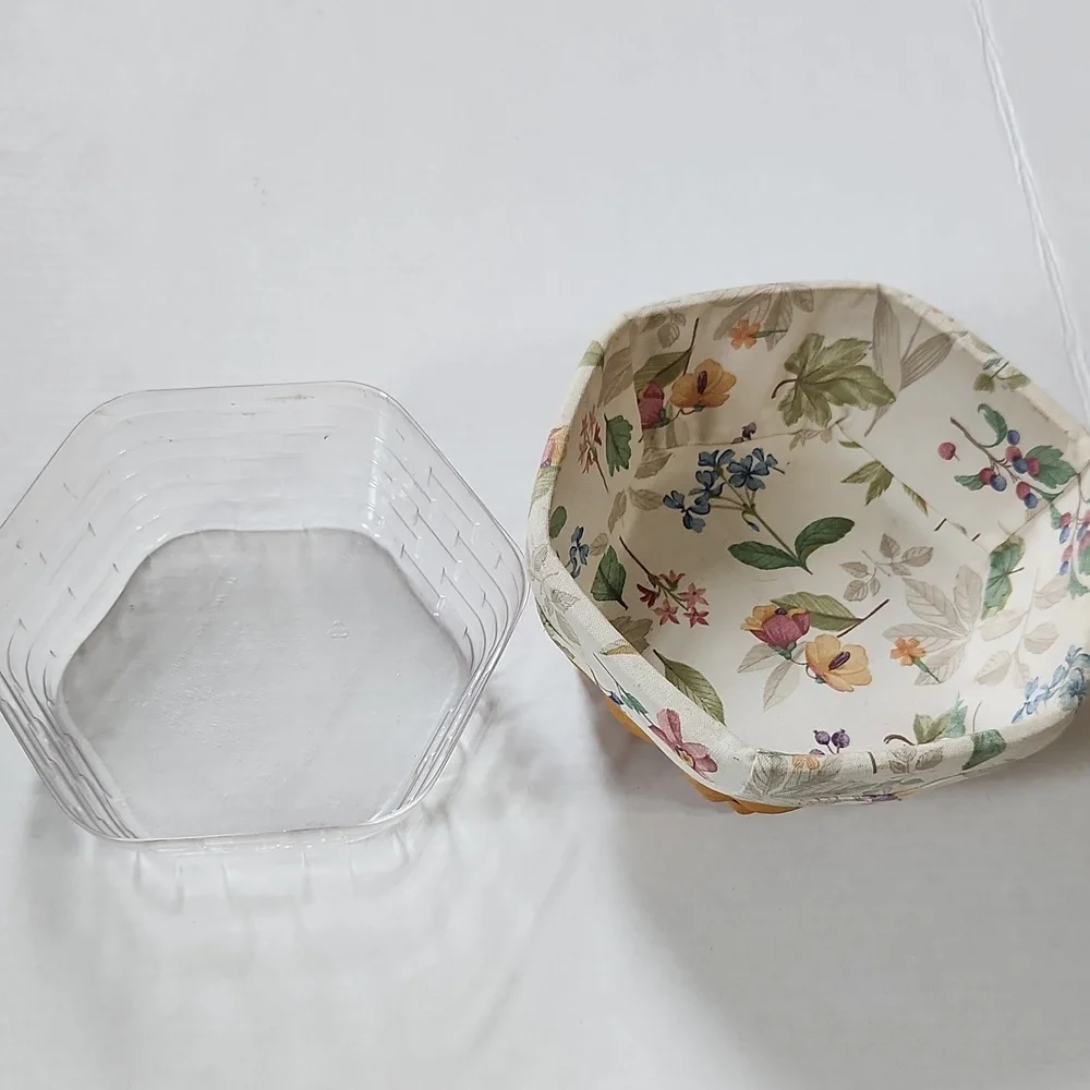 1998 Longaberger Hexagonal Basket With Flowered Liner and Plastic Insert